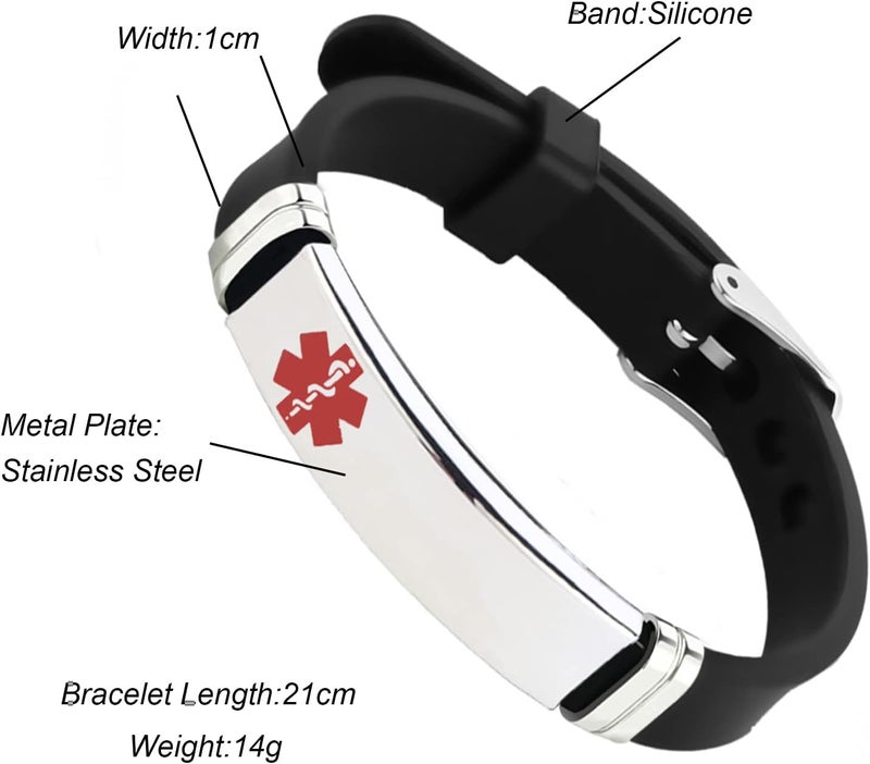 TGLS Red Medical Alert ID Bracelet for Women Men's Emergency First Aid Health Alert Laser Engraved Satinless Steel Adjustable Silicone Wristband Bracelets - Image 3